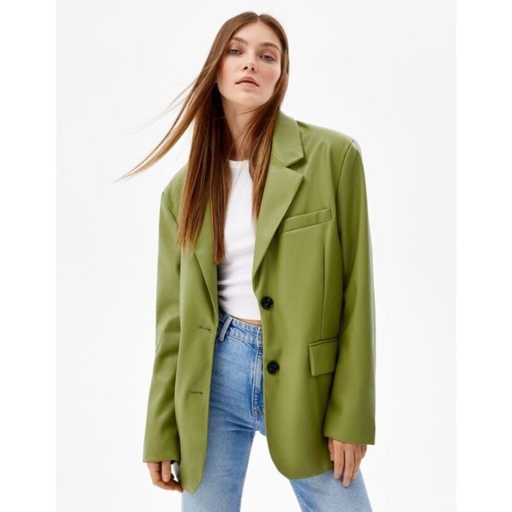 Bershka Faux Leather Green Oversized Double Button Blazer Size XS
